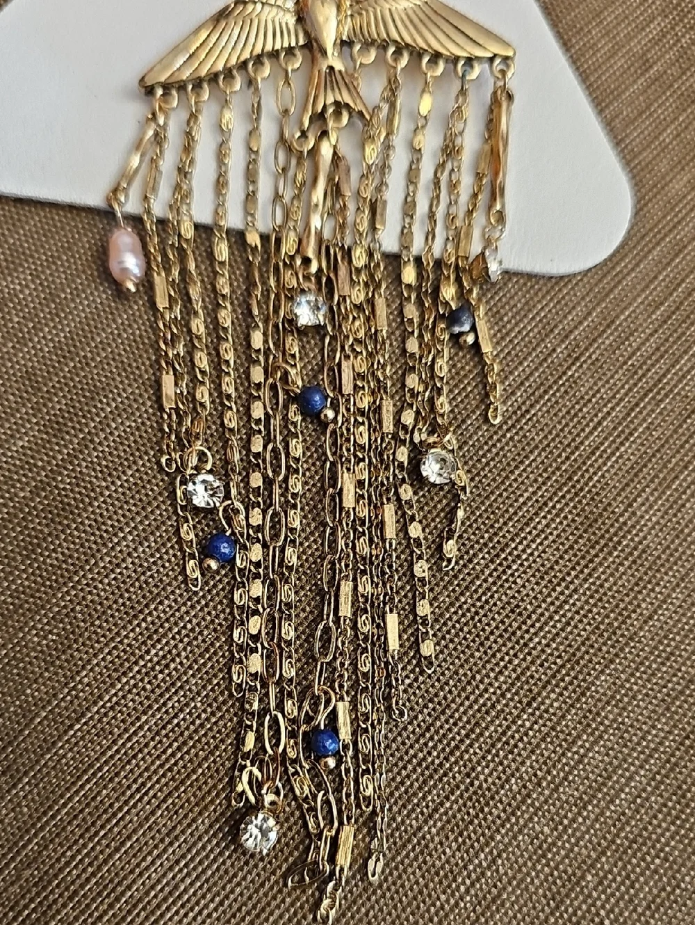 NWT Free People Cresta Dangle Bird Gold Winged Fringe Brooch Blue Clear Accents